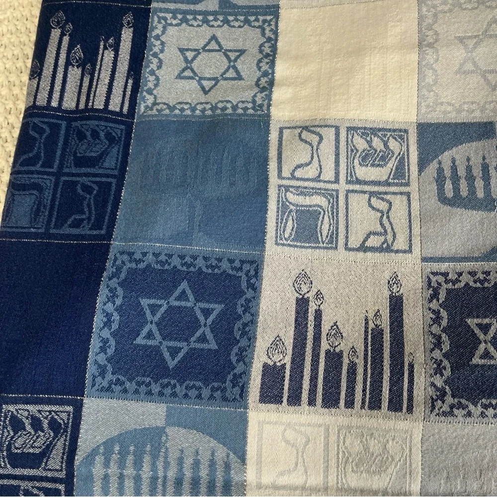 Sam Hedaya Blue White TableCloth 99% Cotton Hanukkah Menorah Rectangle 60”x104”